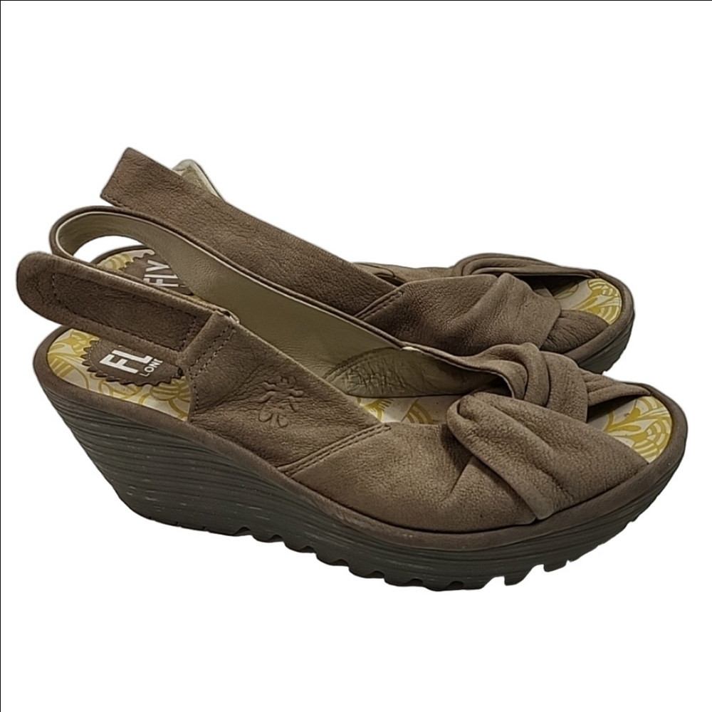 Fly London Taupe Suede Knotted Slingback Wedge Sandals